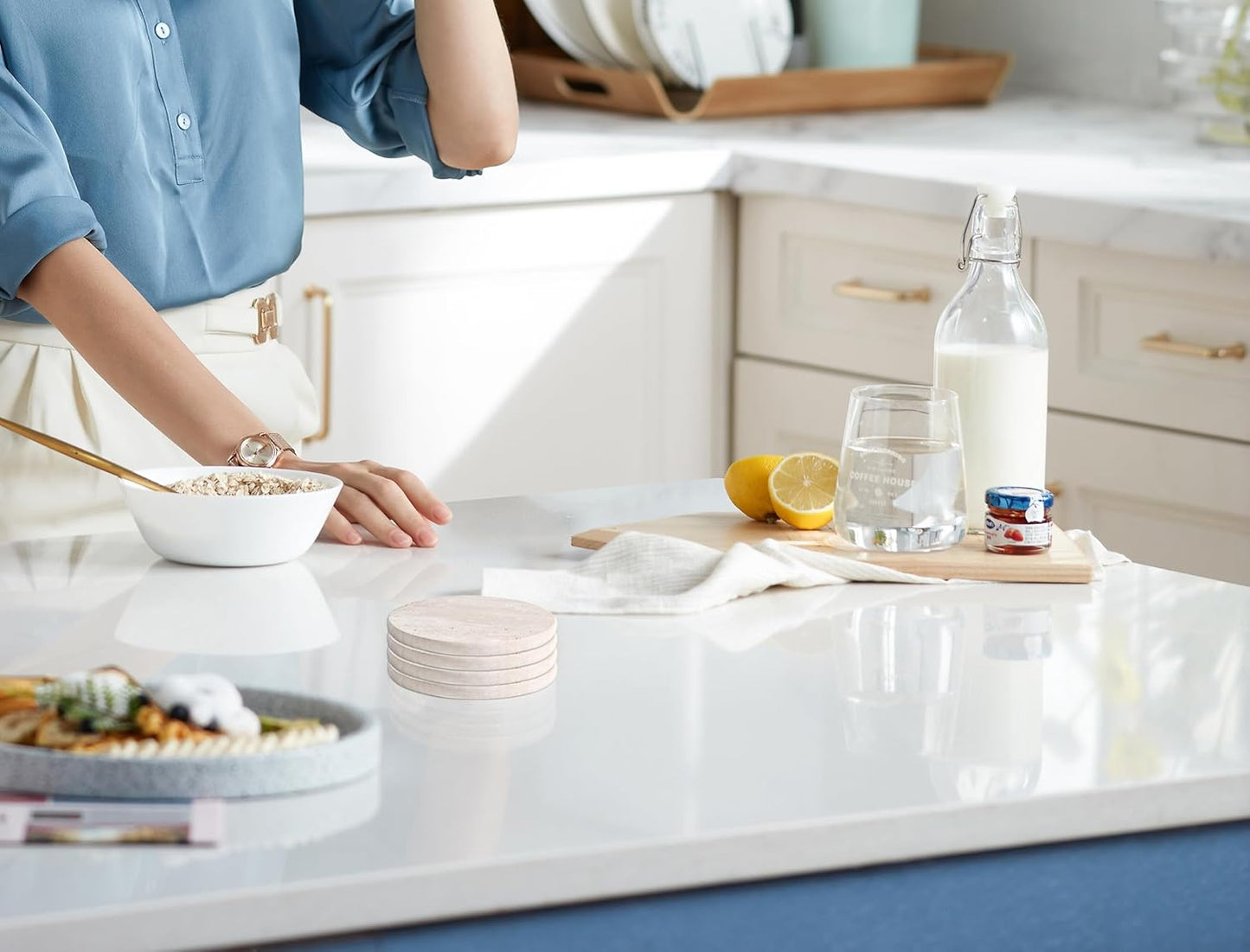 Beige Travertine Coasters Set of 4,Marble Absorbent Coasters 4 '',Ideal for Housewarming Gifts, Anniversaries, Office Decorations - Protects countertops - Sturdy and Durable, Beautiful and Generous