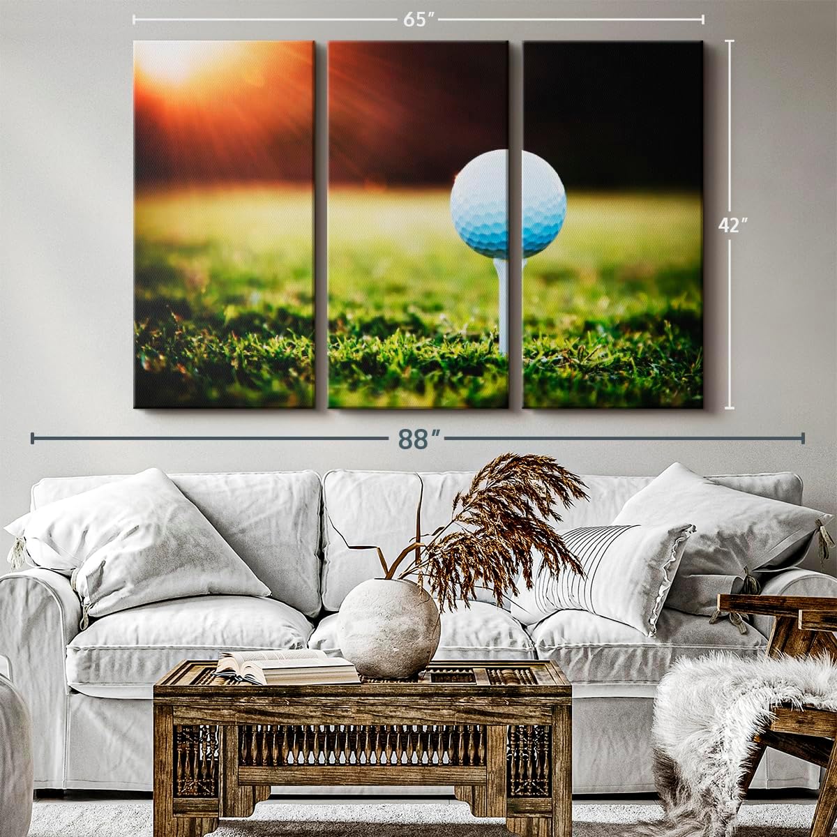 ElephantStock Golf Ball Tee Wall Art - Horizontal Canvas - 3-Piece Living Room Wall Decor - Photography Photographic Canvas Print - Black and White Decor for Wall - 65" X 42"