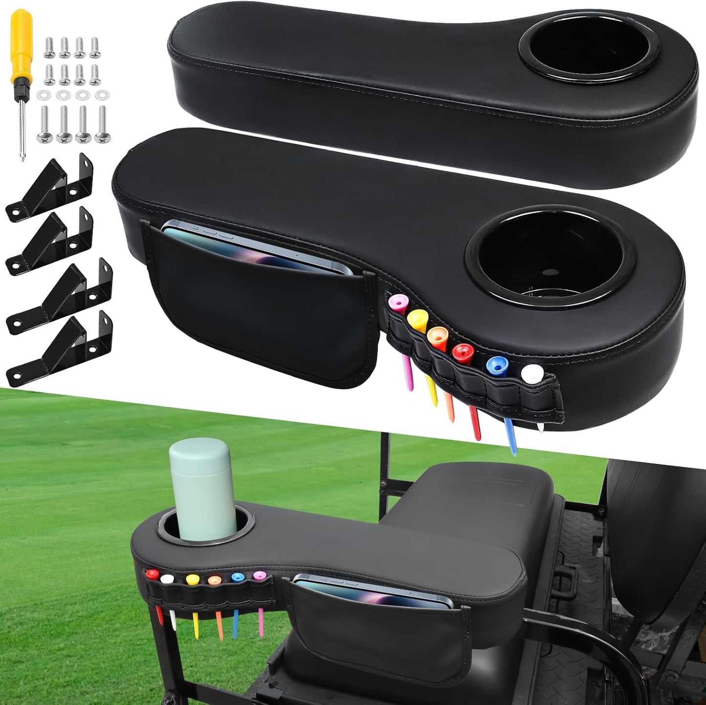 MOSNAI Golf Cart Armrest with Cup Holder for Club Car EZGO Yamaha Rear Seat 1-Inch Square Tube, Upgrade Golf Cart Armrest with Phone Storage Pouch, Upgrade Support Frame, Better Load Bearing