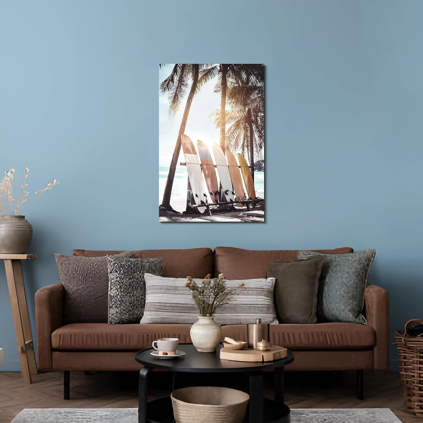 Hardy Gallery Palm Tree Wall Art Surfboard Pictures: Beach Scene Painting Coastal Wall Decor Seaside Artwork Surfing Ocean Print in Beach Canvas for Bedroom 36"x24"