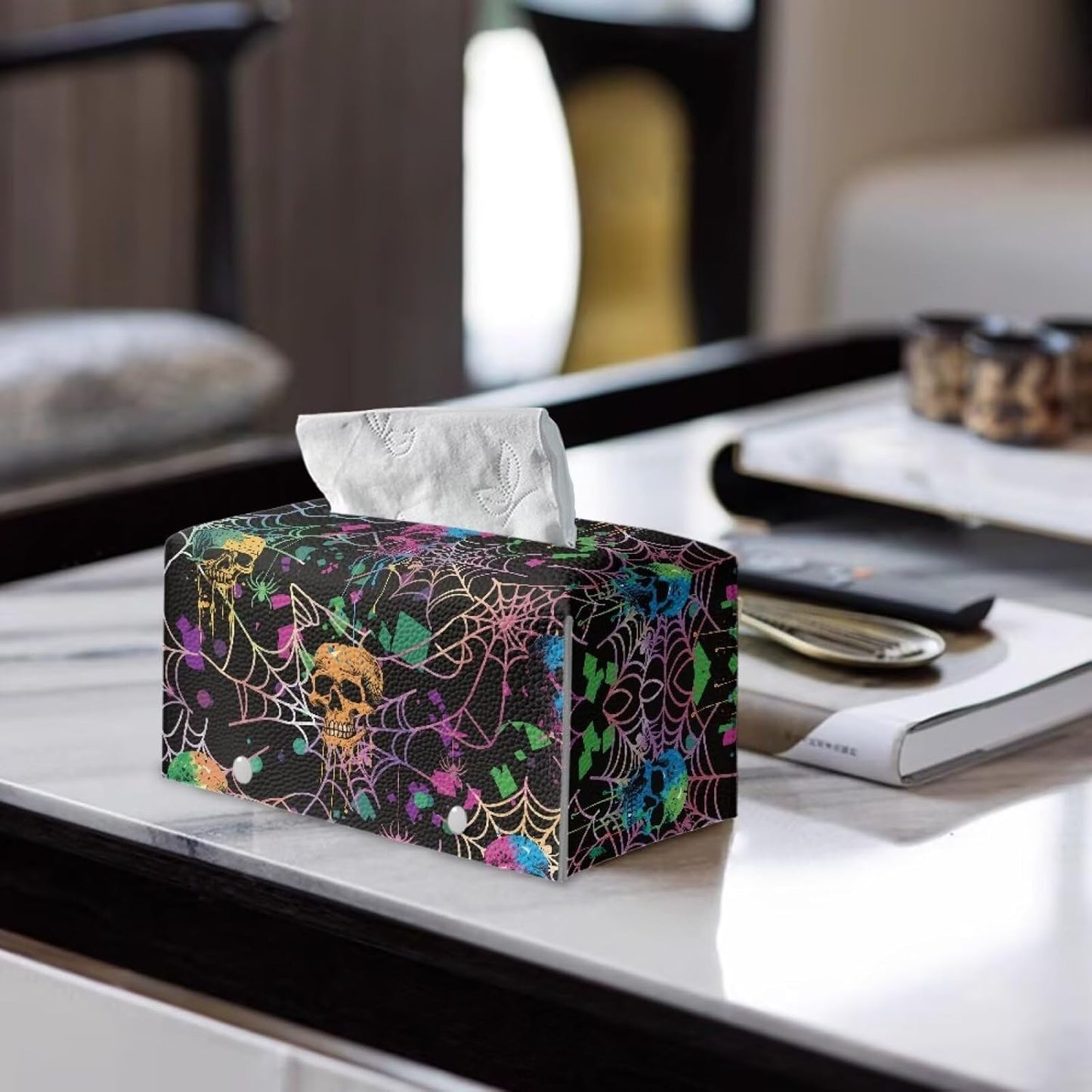 Rectangular Tissue Box Cover Hallween Tissue Box Holder with Skull Print Holiday Home Decor for Living Room Kitchen Bathroom Hotel Countertop