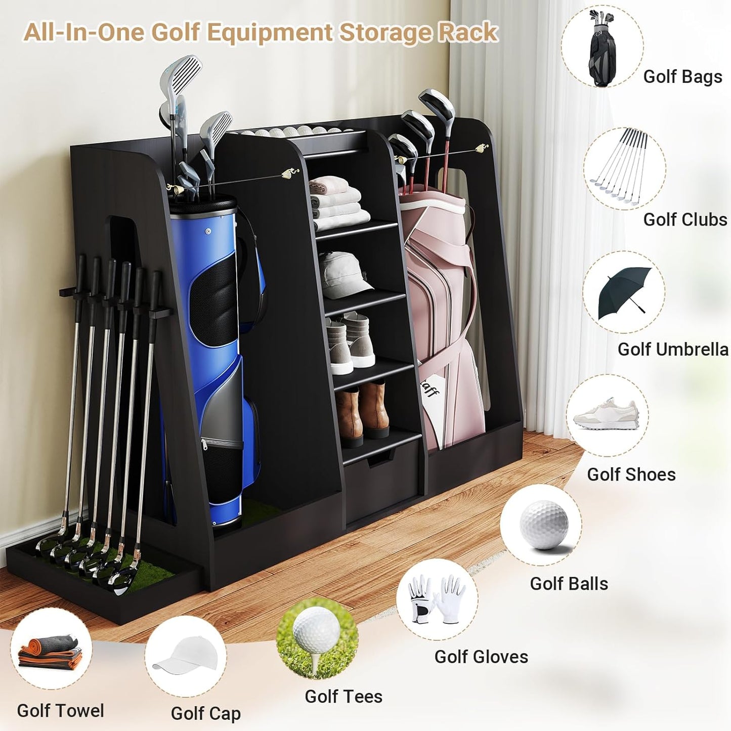 Wooden Golf Bag Organizer and Storage Rack, Golf Storage Organizer for Garage, Golf Bag storage Rack, Holds 2 Golf Bags and Golfing Equipment, Suitable for Garage Golf Club Home