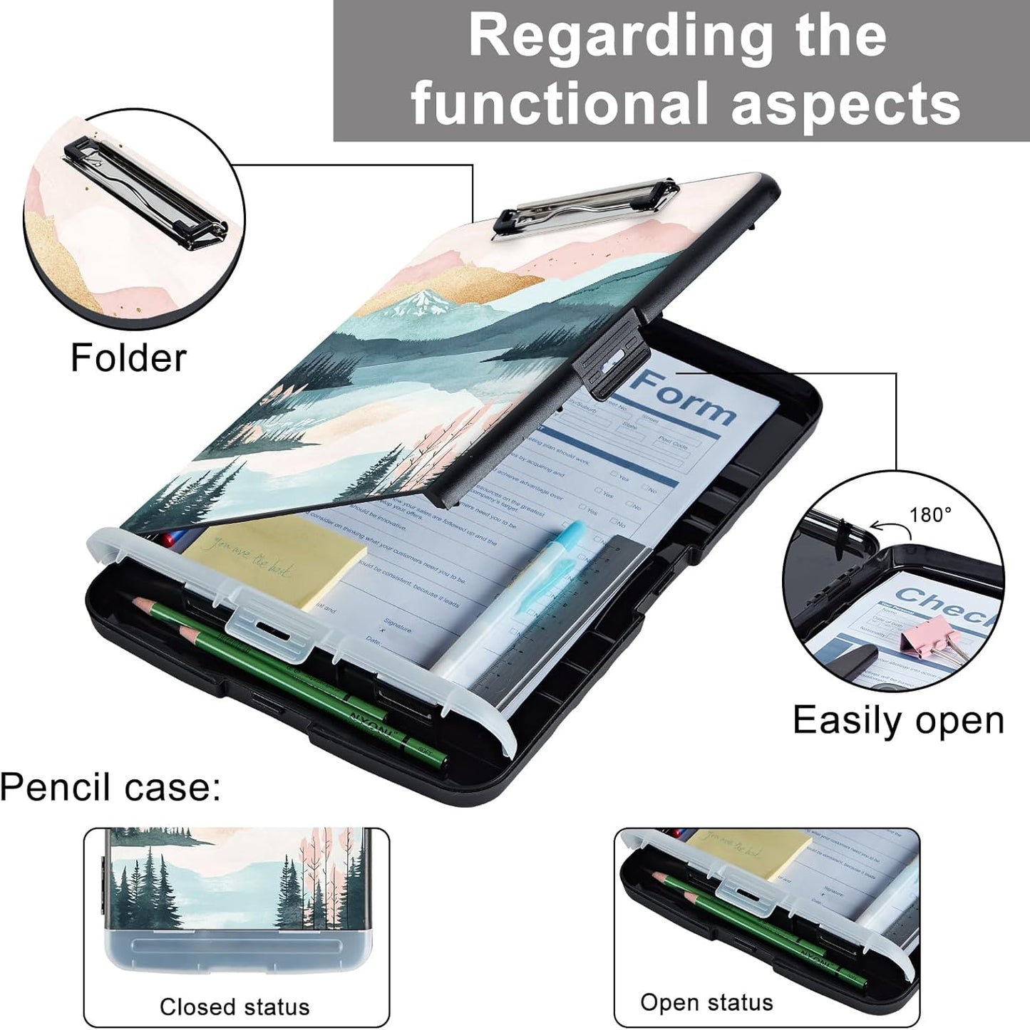 Clipboard with Storage - Large Capacity,Nursing Clipboard with Pen Holder,Heavy Duty,Plastic Side-Opening Folder for Teacher,Nurse - Colorful Mountains River