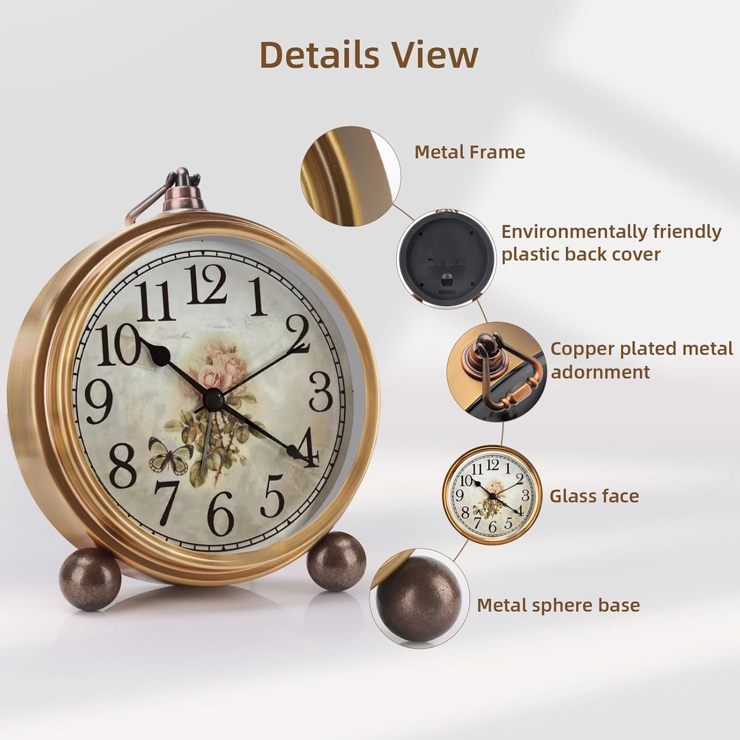 Maxspace Metal Golden Table Clock, Retro Vintage Non-Ticking Small Alarm Clock,Battery Operated Silent Quartz Movement HD Glass Desk Clock for Bedroom Living Room Indoor Decoration Kids… (Rose)