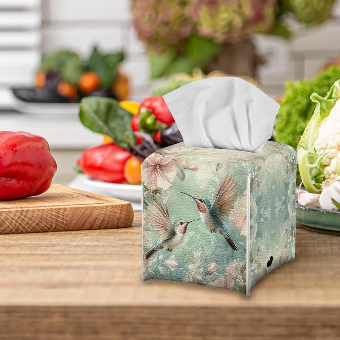 Square Tissue Box Cover PU Leather Tissue Box Holder 5x5x5 inch Waterproof Protective Cover for Modern Home Car Office Hotel Decor Hummingbird Pattern