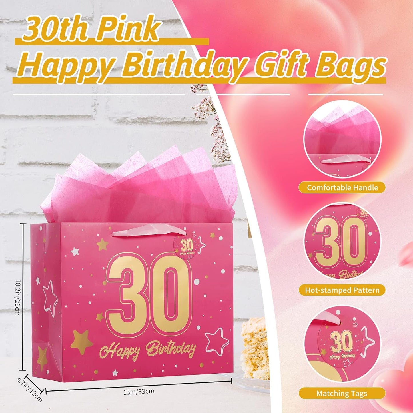 Powbrace 13" Pink Happy Birthday Gift Bag with Tissue Paper and Greeting Card for Party,Happy Birthday Gift Bag for Men Women,Gift Bags Medium size(1 Pink 30th)
