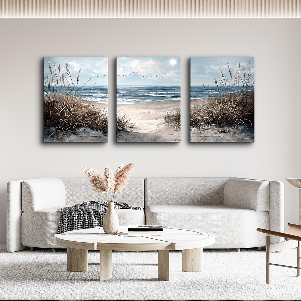 TTHYUEWS Wall Art For Living Room Wall Decor For Bedroom Modern Office Pictures Blue Sea Beach Posters Canvas Painting Wall Art Bathroom Seascape Prints Artwork Canvas Art Framed Ready to Hang 3pcs
