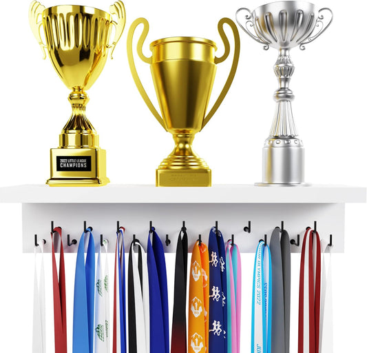 EVERMORE Medal Hanger Display and Trophy Shelf with Hooks - Wooden Medal Holder for Wall Mount Ribbon Display, Trophy Display Shelf for Gymnastics, Soccer, Running Race Medals Awards Rack