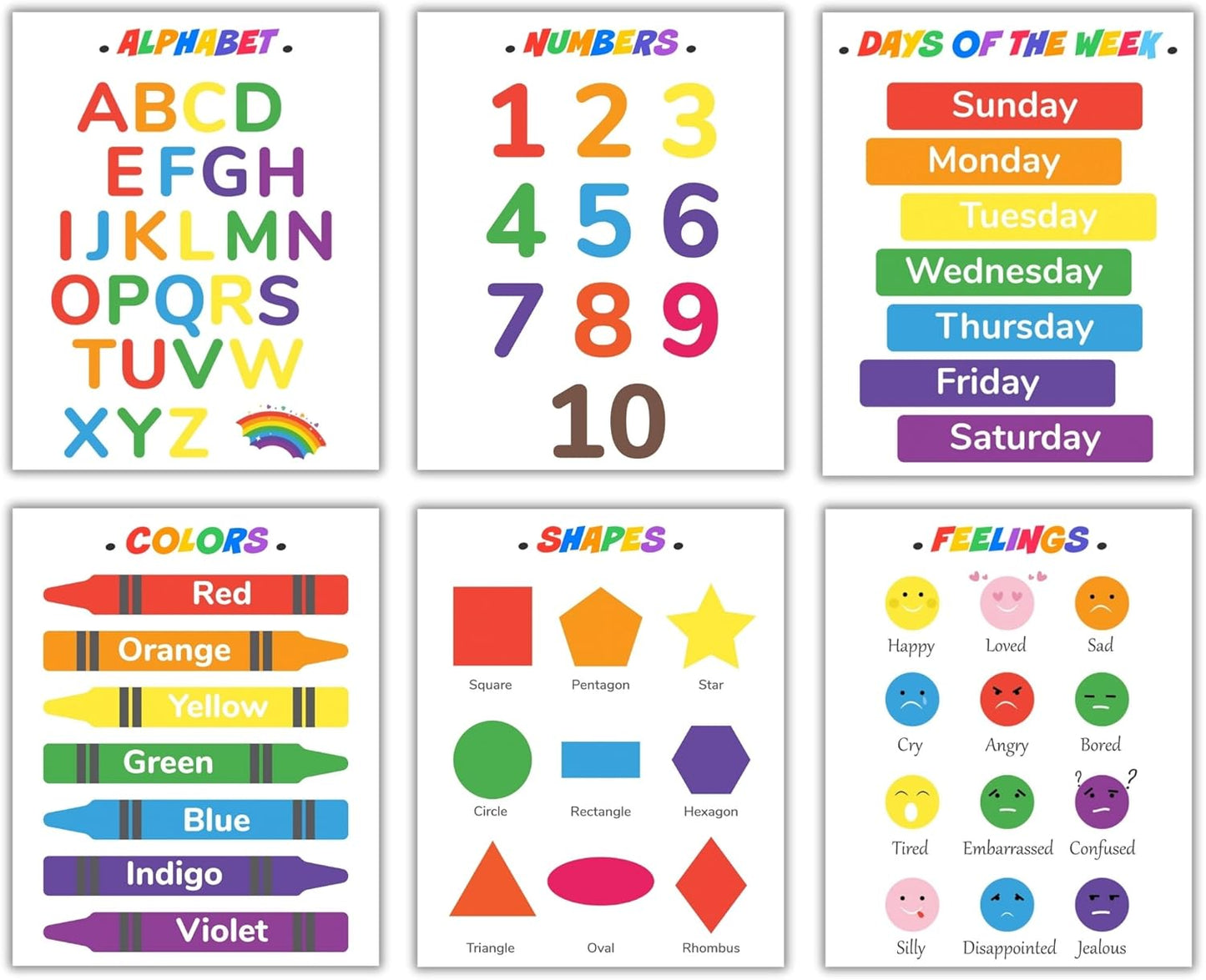 CNTG Design Educational Posters – Set of 6, 8x10 Inch Unframed Wall Art – Alphabet, Numbers, Days of the Week, Colors, Shapes & Feelings Charts for Classroom Decor (Colorful Learning)