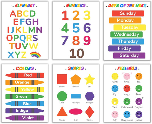 CNTG Design Educational Posters – Set of 6, 8x10 Inch Unframed Wall Art – Alphabet, Numbers, Days of the Week, Colors, Shapes & Feelings Charts for Classroom Decor (Colorful Learning)