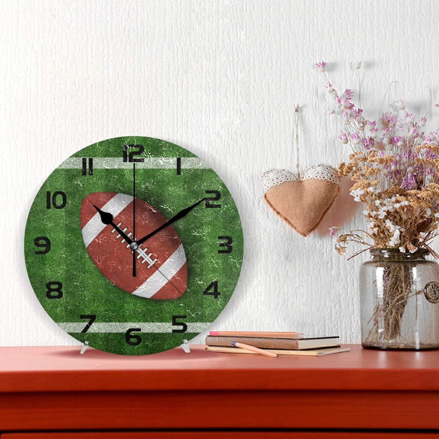 American Football Field Wall Clock Silent Non-Ticking,Sport 9.5 Inch Round Wall Clock Battery Operated Clock Decor for Boys Room Home Wall Bathroom Kitchen Bedroom Living Room Office Classroom Patio