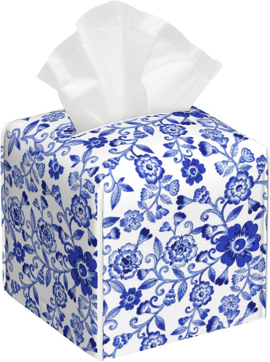 Tissue Box Cover,Blue and White Porcelain Flowers Pu Leather Square Tissue Box Cover Case Decorative Organizer for Bathroom Vanity Countertop Night Stands Office Desk & Car 5.2X5.2X5.2''