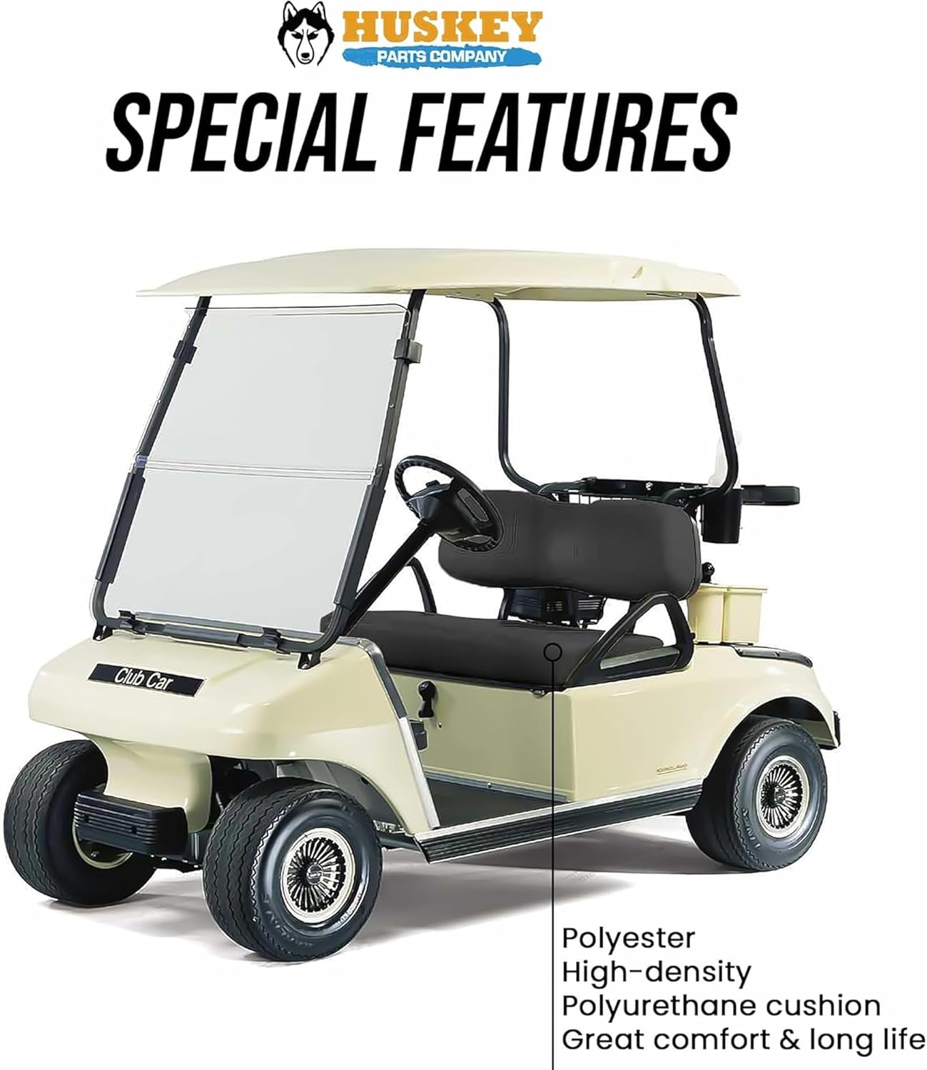 Huskey Parts Company Golf Cart Seat Cushion for Front Seat Lean Back, Black Color for DS 2005 and up, Golf Cart Front Seat Replacement with Mounting Hardware