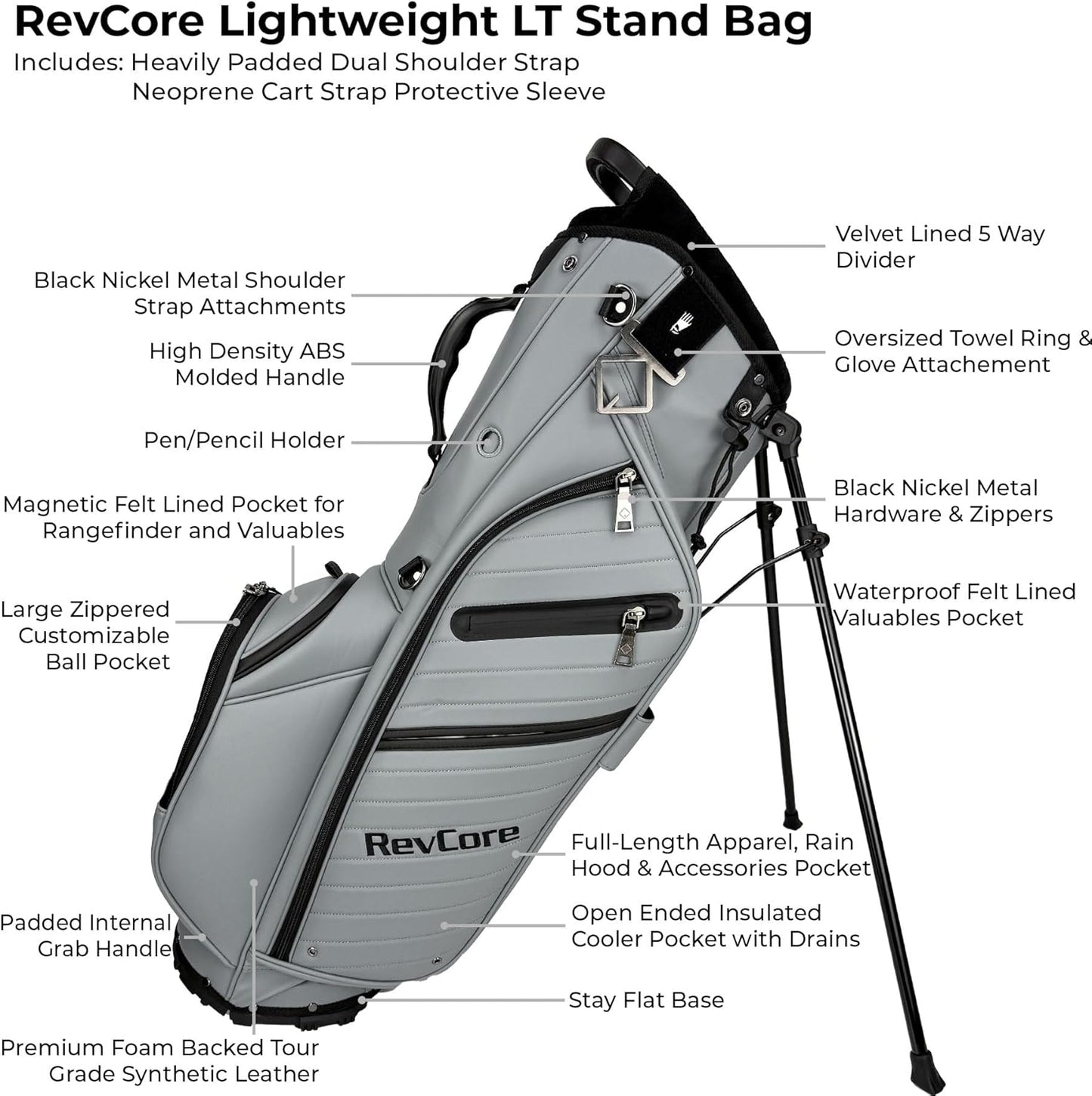 RevCore LT Lightweight Golf Stand Bag by CaddyDaddy – Premium Synthetic Leather Carry Golf Bag for Men & Women with 5-Way Divider, Cooler Pocket, Dual Strap – Golf Bag with Stand