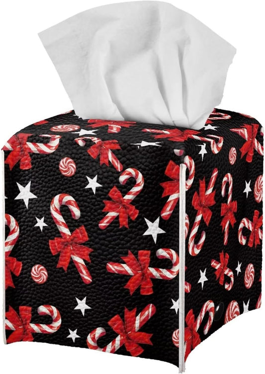 Christmas Candy Leather Tissue Box Cover Square Tissue Box Holder Christmas Home Decorative Tissue Holder Fun Tissue Box for Living Room Kitchen Bathroom