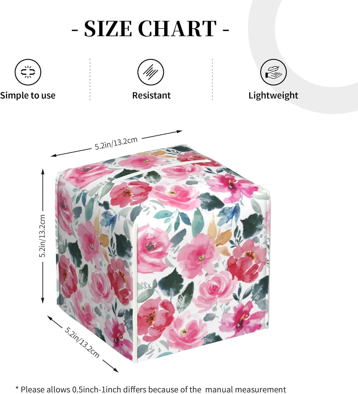 Pink Flowers and Green Leaves Tissue Box Cover Square,Abstract Watercolor Floral Tissue Box Holder Waterproof Leather Facial Paper Organizer Dispenser for Bathroom Home Car Nightstand Vanity Desk