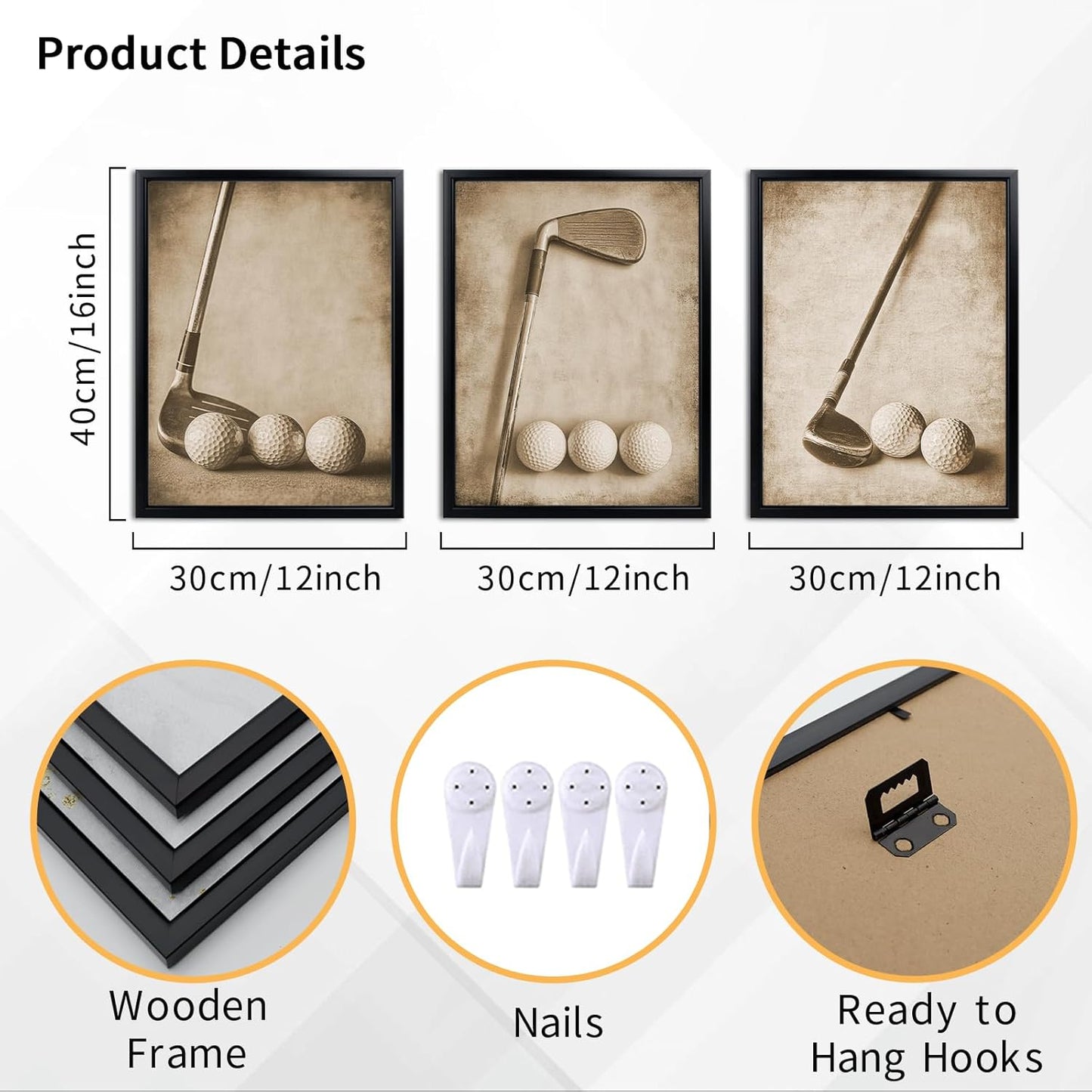 Kalormore 3 Pieces Framed Vintage Golf Picture for Wall Vintage Sports Canvas Wall Art Rustic Golf Balls Picture Art Prints