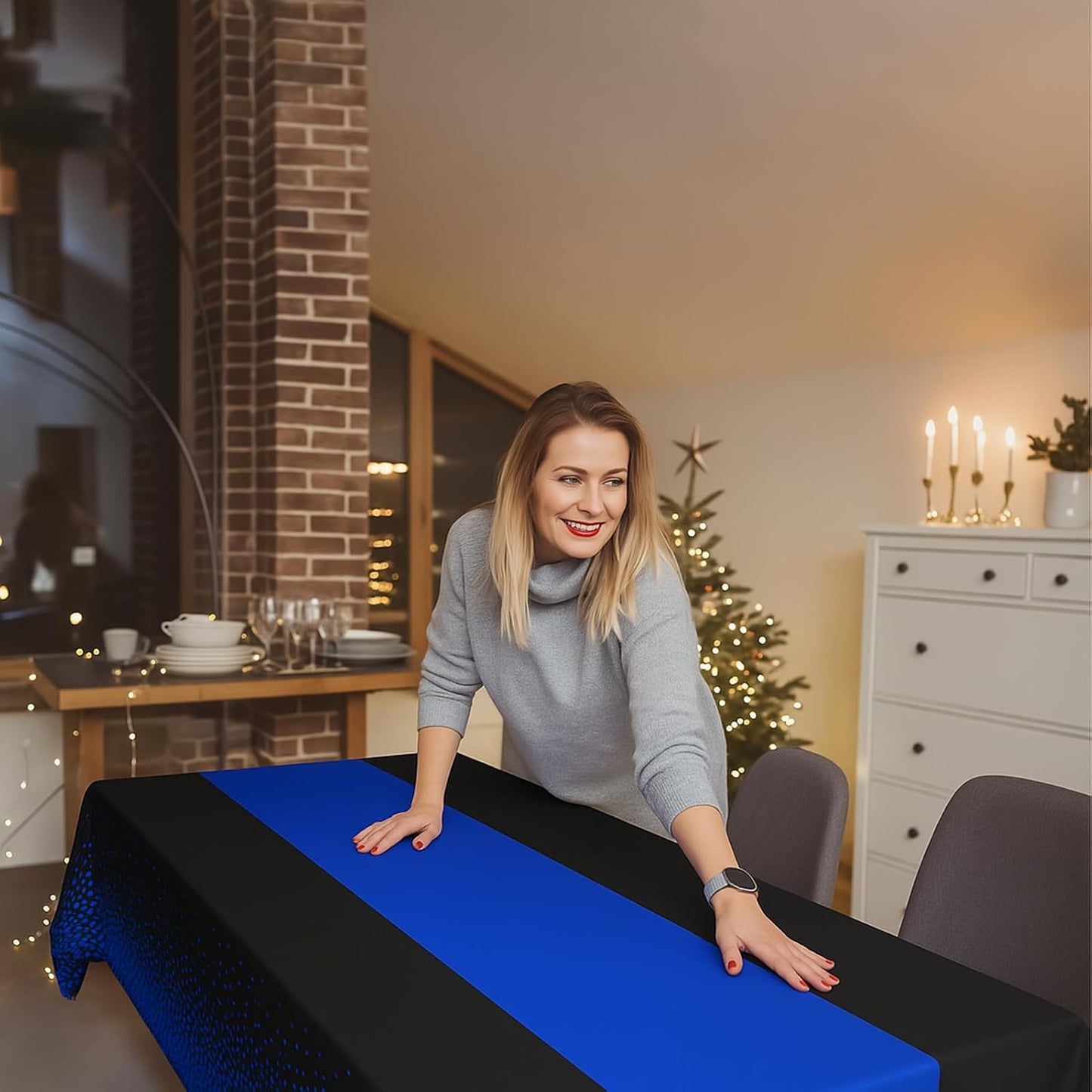 2in1 Disposable Plastic Tablecloths 54" x 108" Black and Blue Dot Kitchen Table Cloth Rectangle Table Cover for Wedding Birthday Baby Shower Anniversary Christmas Graduation (Black/Blue, 8 Pack)