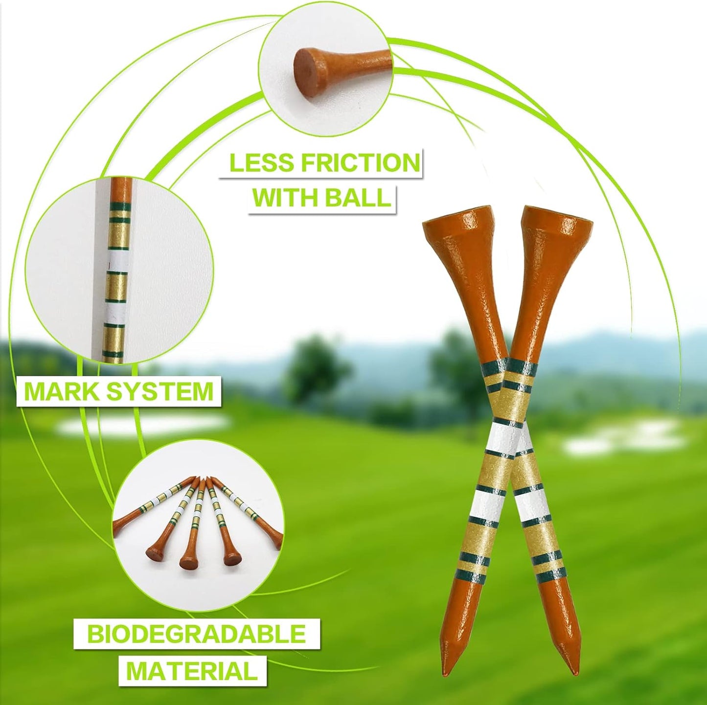 FINGER TEN Golf Tees Wood 3 1/4 2 3/4 Inch Wooden Bamboo 50/120 Count, Durable Biodegradable Colored Bulk Tee 70mm 83mm