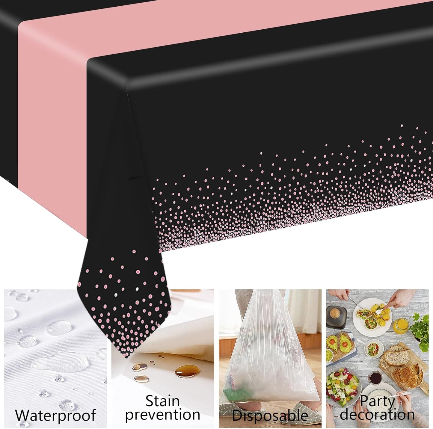 6 Pack Rectangle Plastic Dot Tablecloth Set, 54 X 108 Inch Plastic Table Cover, 12 x 108 Inch Satin Table Runners for Wedding Graduation Birthday New Year Party Decorations (Black, Rose Gold)