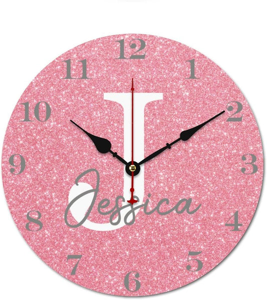 Rose Gold Glitter Name Wall Clocks for Walls,Decorative Kids Wall Clocks Battery Operated 12 inch,Monogram Wood Wall Clock for Nursery Kids Bedrooms Boys Girls Playroom Decor,Custom Kids Gifts, Style