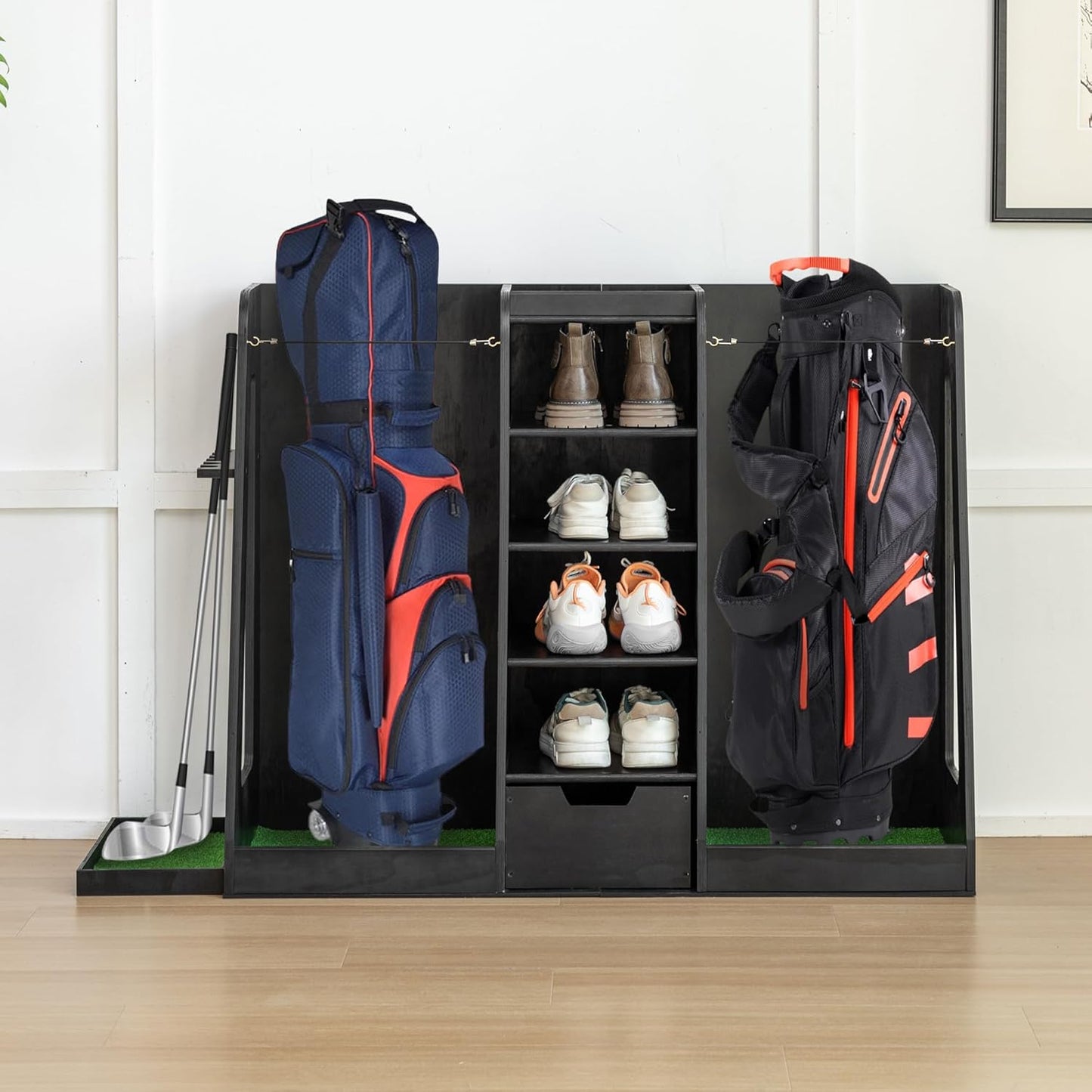 Golf Bag Organizer Storage Rack Large Wooden for 2 Bags, Golf Club Stand Holder with Drawer, Sports Equipment Rack for Garage, Practice Room, Home or Office
