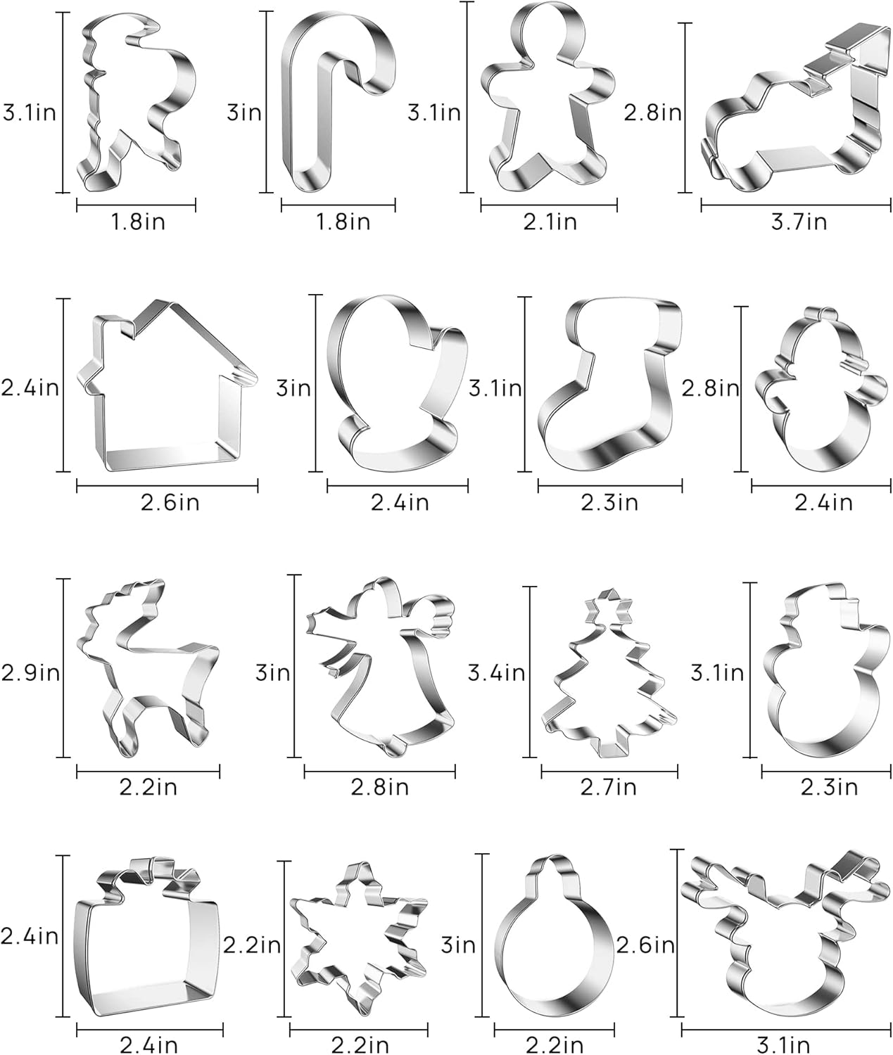 16 Pcs Christmas Cookie Cutters Winter Set with Decorating Instructions Stainless Steel Gingerbread Man Tree Snowflake Candy Cane Santa Snowman And More