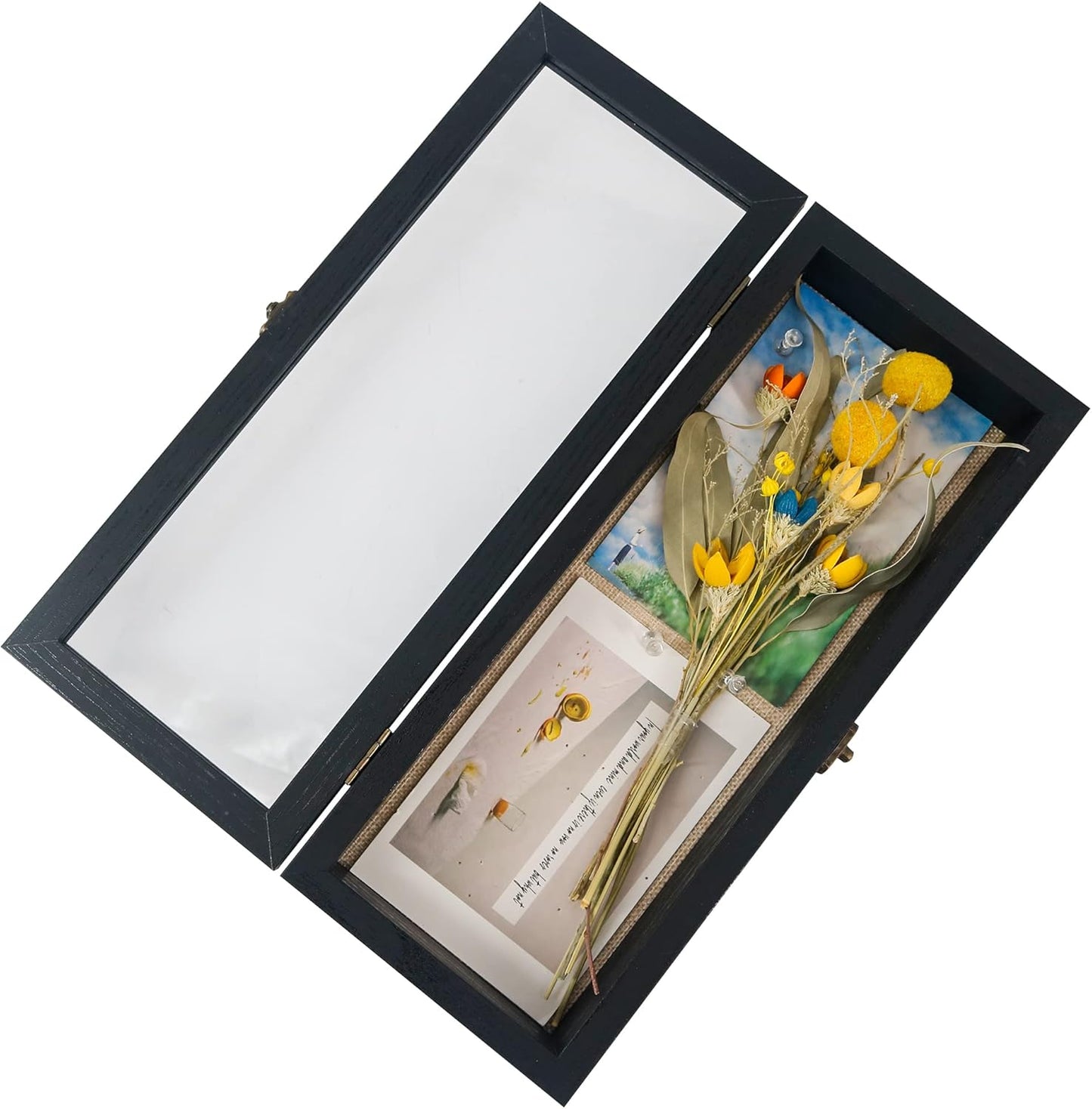 GraduatePro Shadow Box Frame 5x12.5 Display Case with Linen Back, Real Glass Window Door with Hinge, Picture Frame Wedding Bouquet Memorabilia Medals Photos Memory Box for Keepsakes, Rustic Black