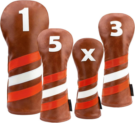 4pcs or 1pc Golf Club Head Covers for Woods, Driver, Fairway, Hybrid – Premium PU Leather with Interchangeable Tags & Magnetic Blade and Mallet Putter Covers