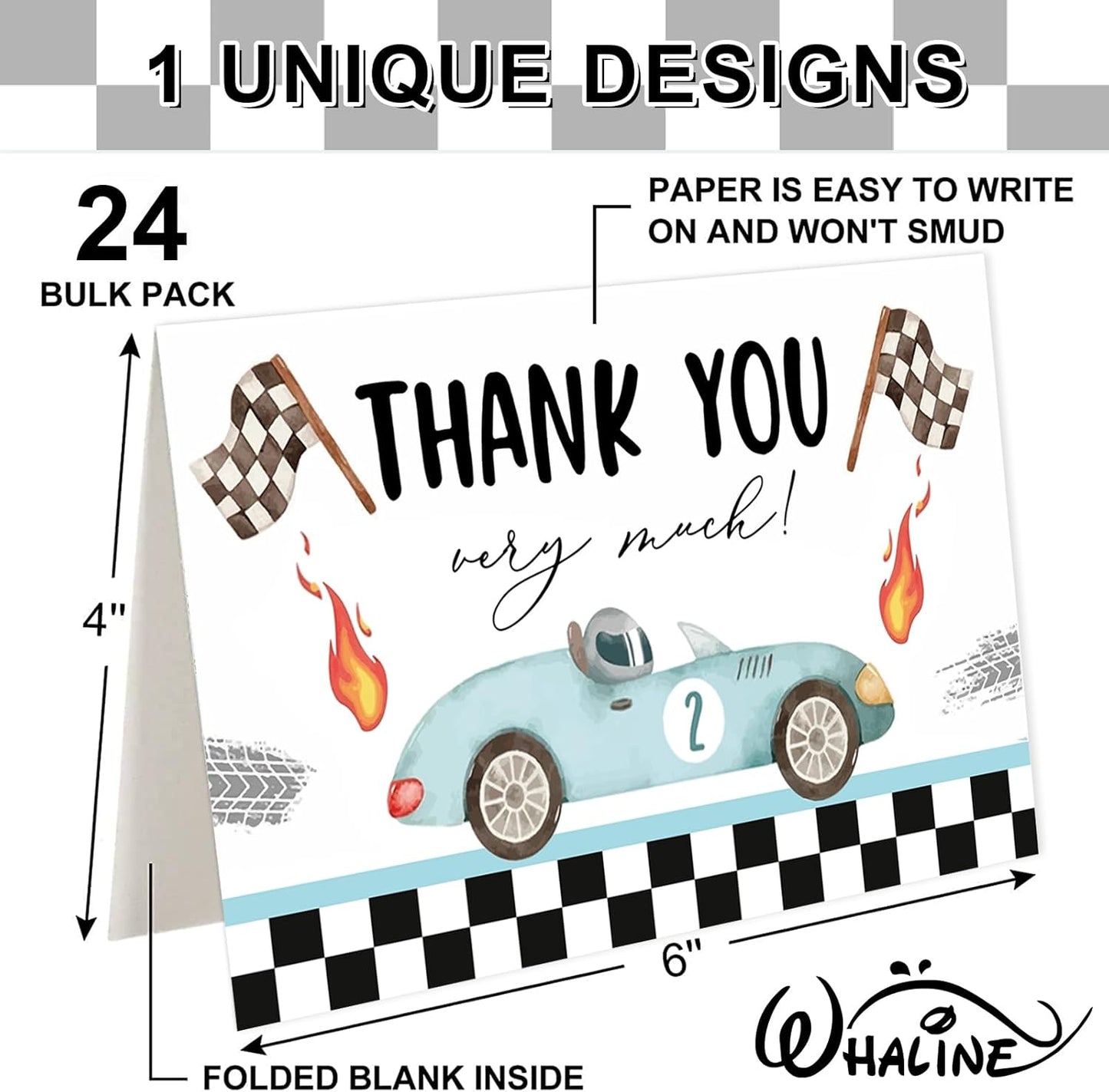 Whaline 24 Pack Race Car Thank You Cards Blue Racing Theme Note Cards with Envelopes Stickers Black White Plaid Greeting Blank Cards for Birthday Baby Shower