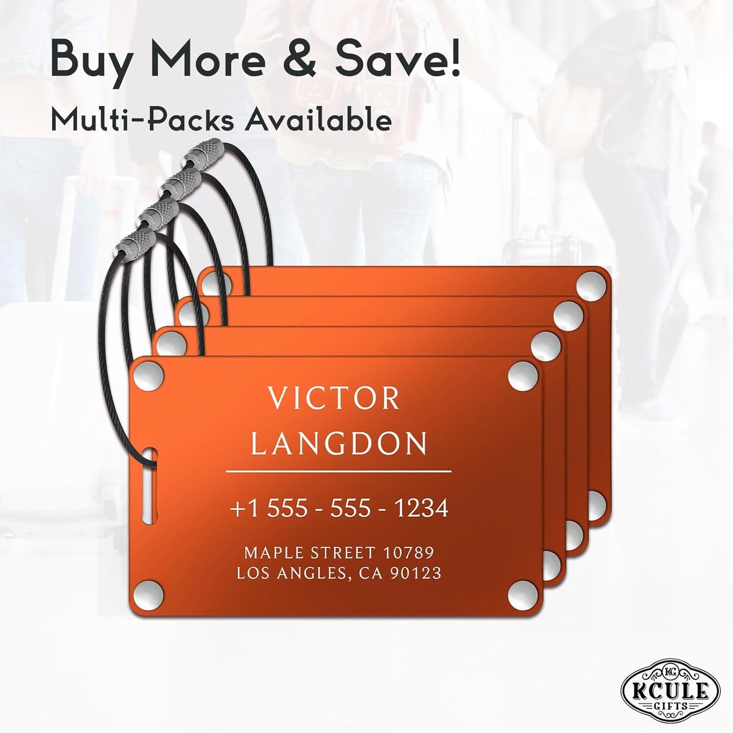 Personalized Luggage Tags for Suitcases - Aluminum Custom Luggage Tags for Backpacks & Bags, Sturdy, Waterproof & Heavy Duty (Orange/Card-Sized)