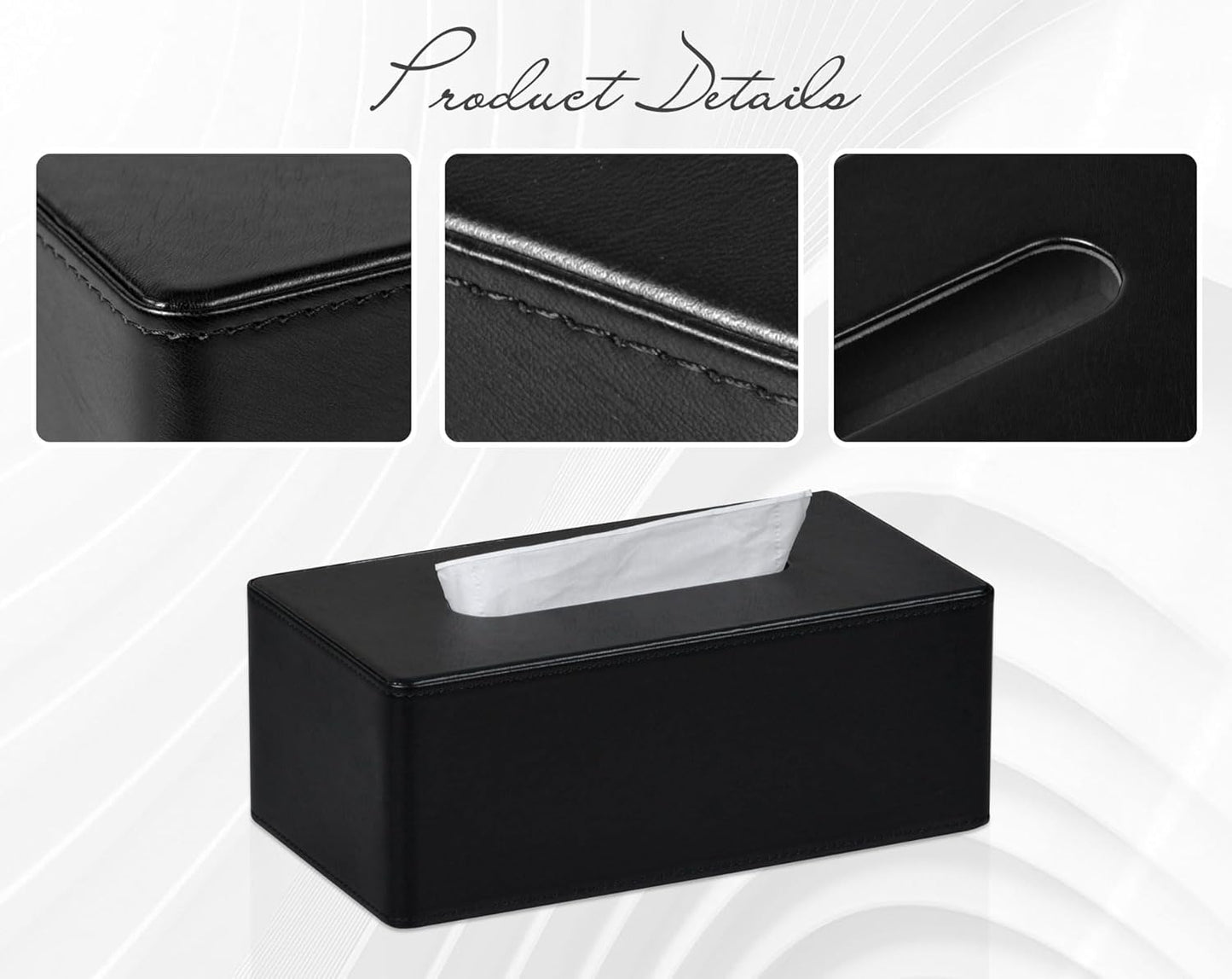 Tissue Box Cover Rectangular 9.8"(L) x 5.3"(W) x 4.3"(H) Refined Modern PU Leather Facial Tissue Dispenser Box Holder for Dresser Bathroom Decorative (Black)