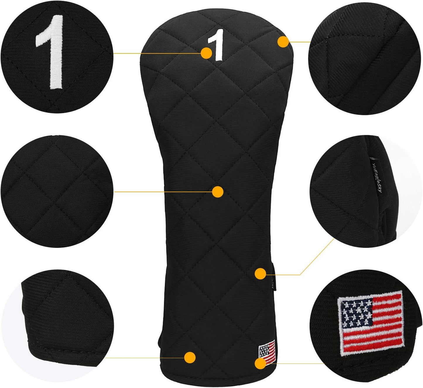 Golf Head Covers Driver Fairway #3#5 Hybrid USA Flag for Club Men Women, (Black or White)