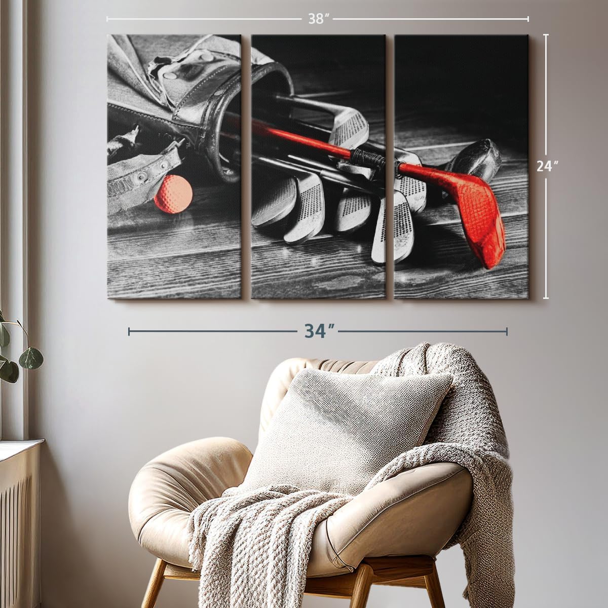 ElephantStock Golf Equipment Pop Wall Art - Horizontal Canvas - 3-Piece Living Room Wall Decor - Photography Sports Canvas Print - Black and Gray Decor for Wall - 38" X 24"