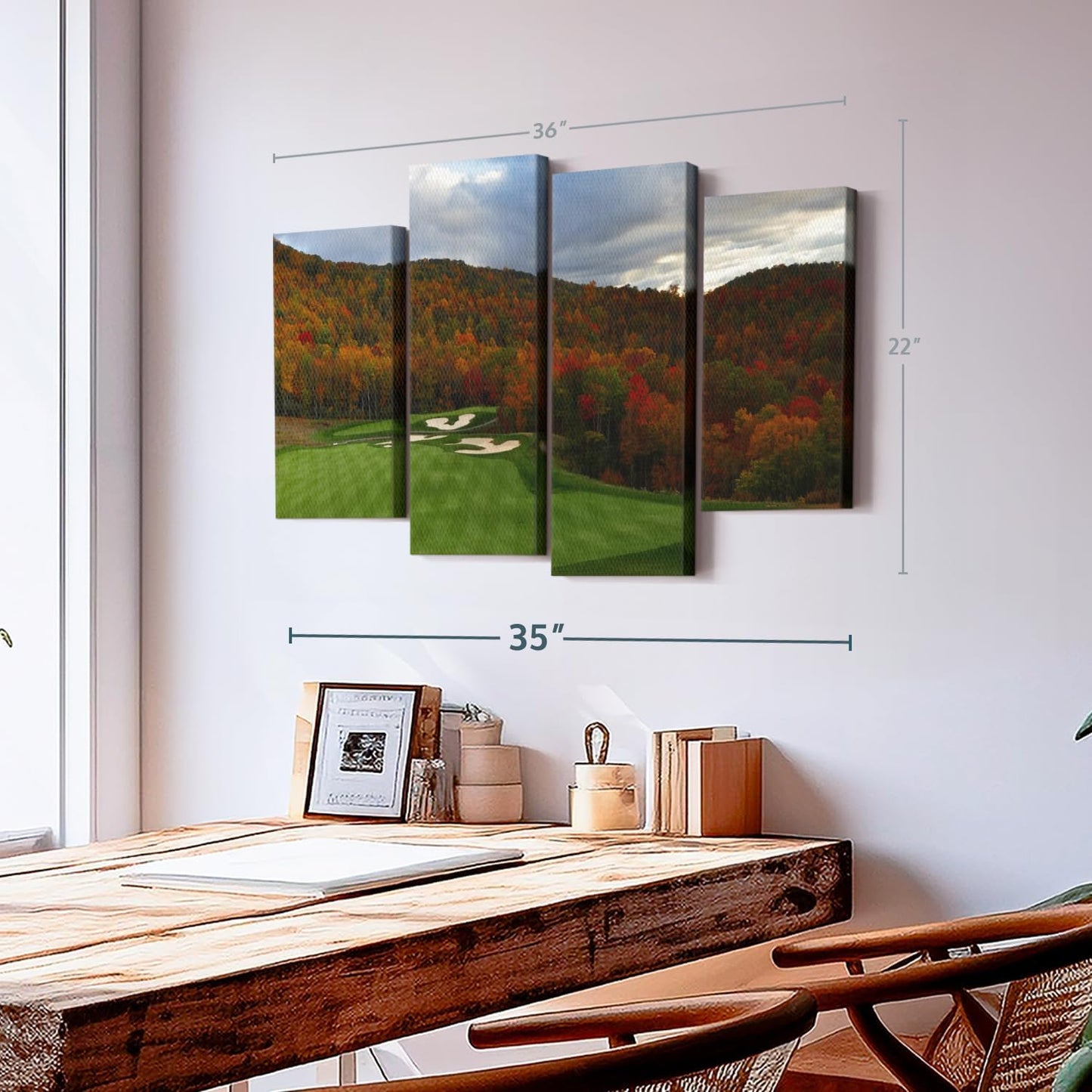 Elephant Stock Autumn Golf Course Wall Art - Horizontal Canvas - 4-Piece Living Room Wall Decor - Photography Sports Canvas Print - Blue and Orange Decor for Wall - 36" X 22"