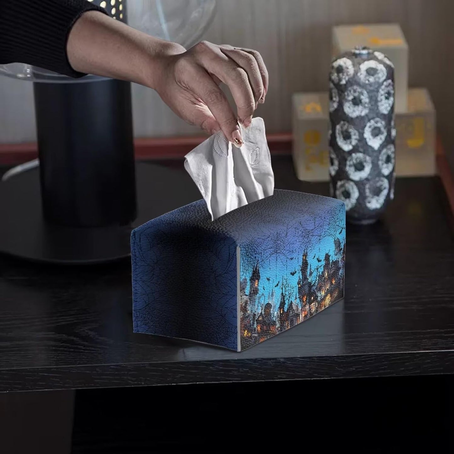 Rectangular Tissue Box Cover Castle Bat Spider Web Print Modern Decorative Tissue Box Case Organizer Holder Large Capacity Design Gothic Halloween Home Decoration Tissue Holder for Bathroom