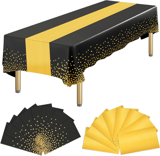 16 Packs Disposable Rectangle Tablecloth and Satin Table Runner, Black and Gold Plastic Table Cloths for Parties Table Cover for Birthday Wedding Anniversary Christmas New Year Party Decorations
