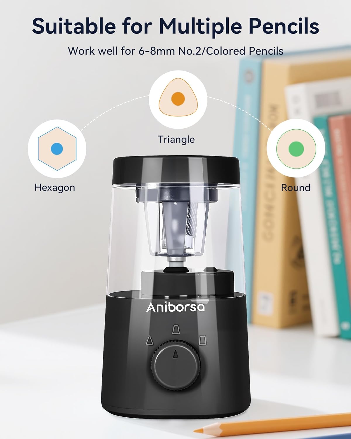 Electric Pencil Sharpener, Helical Blade Automatic Pencil Sharpener, Battery/USB Cord Operated Adjustable Sharpness for 6-8 mm Pencil, Classroom, School, Office, Home, Black