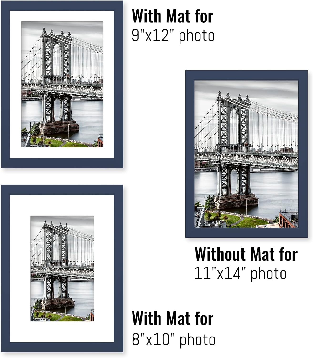 11x14 Picture Frames Solid Wood Display Pictures 9x12 or 8x10 with Mat or 11x14 Frame without Mat Poster Photo Frame Art with 2 Mats for Wall Mounting or Table Top(Jazz Blue)