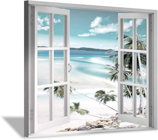 Open Windows Canvas Wall Art: Beach Coastal Palm Graphic Artwork Print on Wrapped Canvas Small for Bedroom(16''x12'')