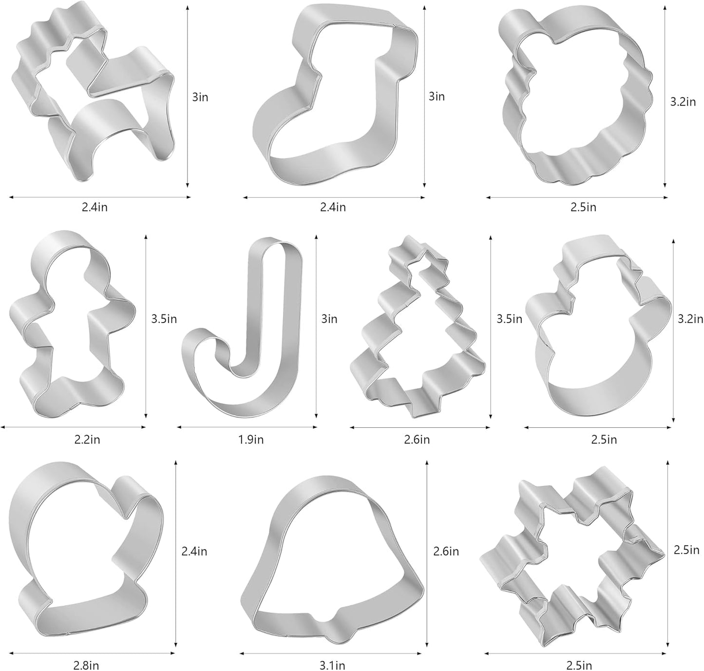 Christmas Cookie Cutters, 10 pieces Large Metal Cookie Cutters Shape - Gingerbread Man, Snowflake, Snowman, Christmas Tree, Bell, Reindeer & More for Holiday, Stainless Steel