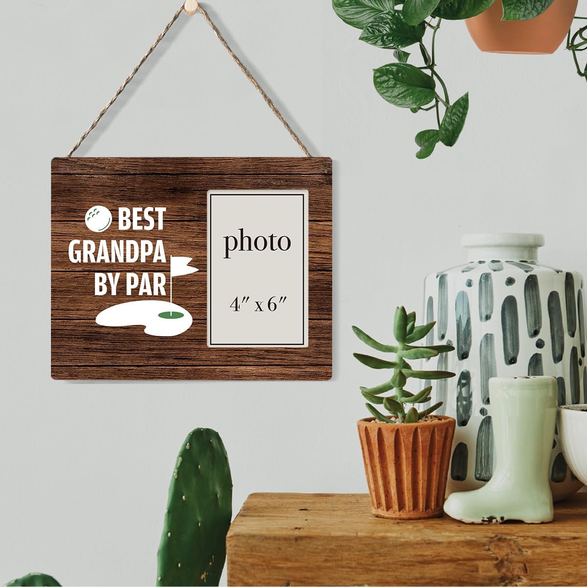 Oqtumes Golf Gifts for Men Grandpa Picture Frame, Golfing Gifts for Papa Grandfather, Rustic Best Grandpa By Par Wood Picture Frame 8 x 10 Inches, Wall Mount and Tabletop - 4 x 6 Inch Photo