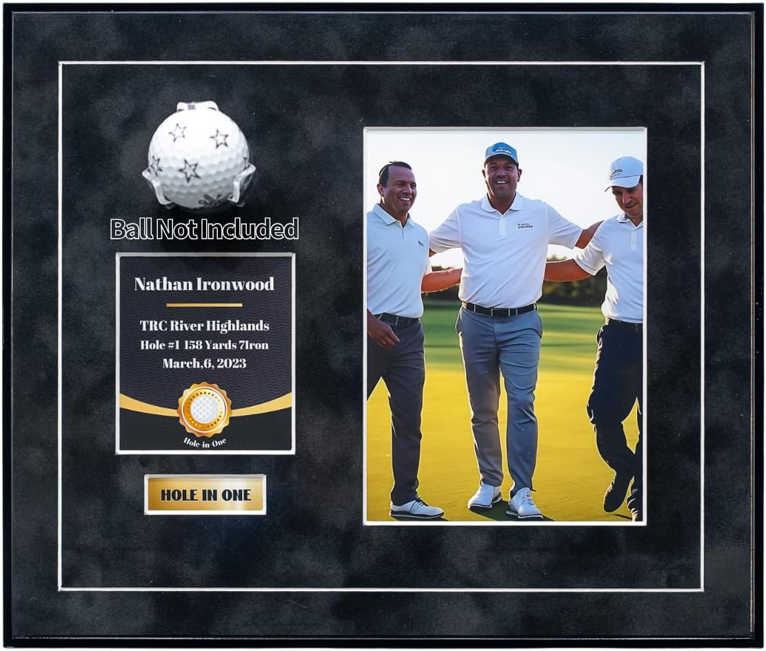 One-Shot Victory Golf Ball Display Frame – Acrylic Case with External Ball Mount, Custom Photo & Nameplate, Black Suede Mat, Elegant Golf Keepsake Gift