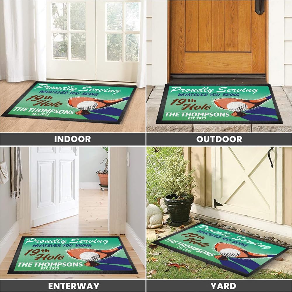 Personalized Golf Doormat – Retro 19th Hole Welcome Mat with Custom Family Name & Year – Proudly Serving Whatever You Bring – Vintage Golf Clubhouse Decor – Non-Slip Outdoor Entry Rug for Golf Lovers