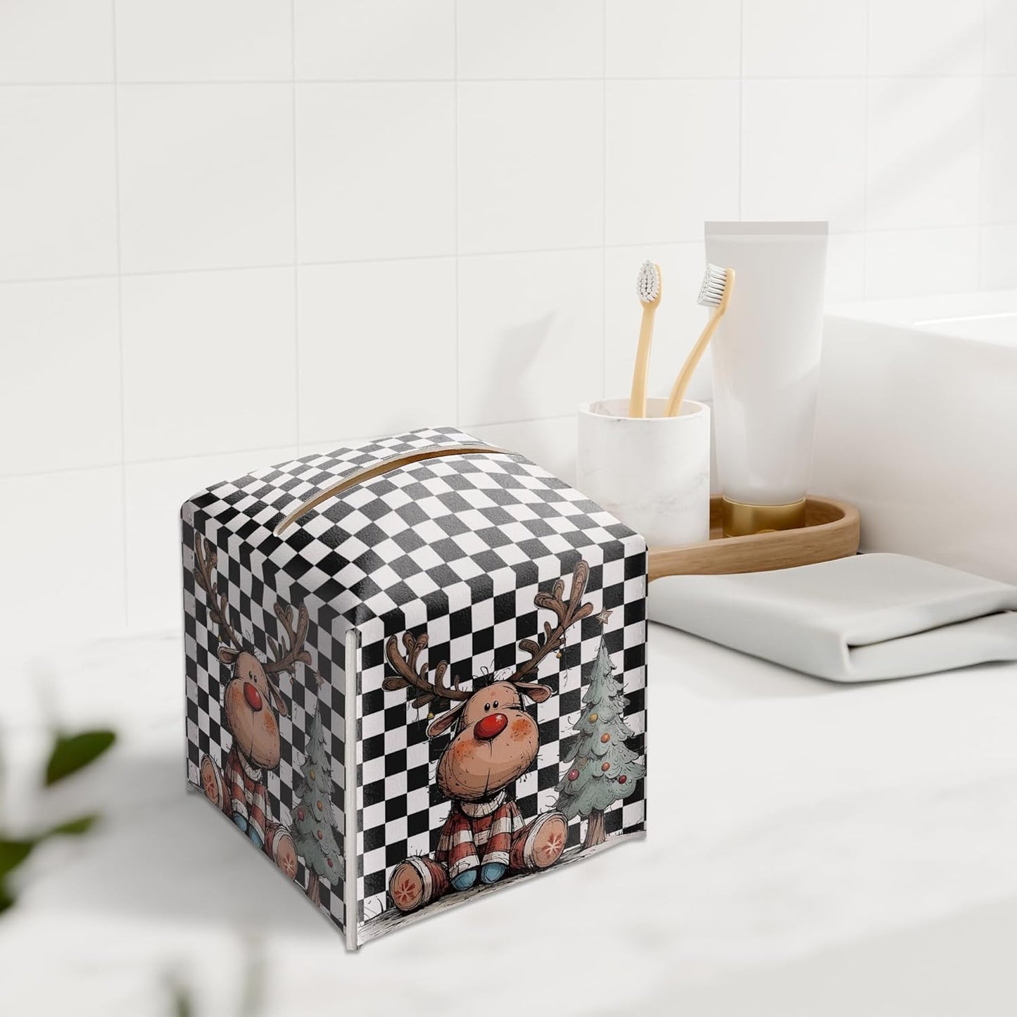Black and White Checkered Tissue Box Holder, Watercolor Christmas Reindeer Leather Tissue Box Cover Square, Paper Facial Decorative Tissues Cover for Night Stands Bathroom Office Home Decor-B06