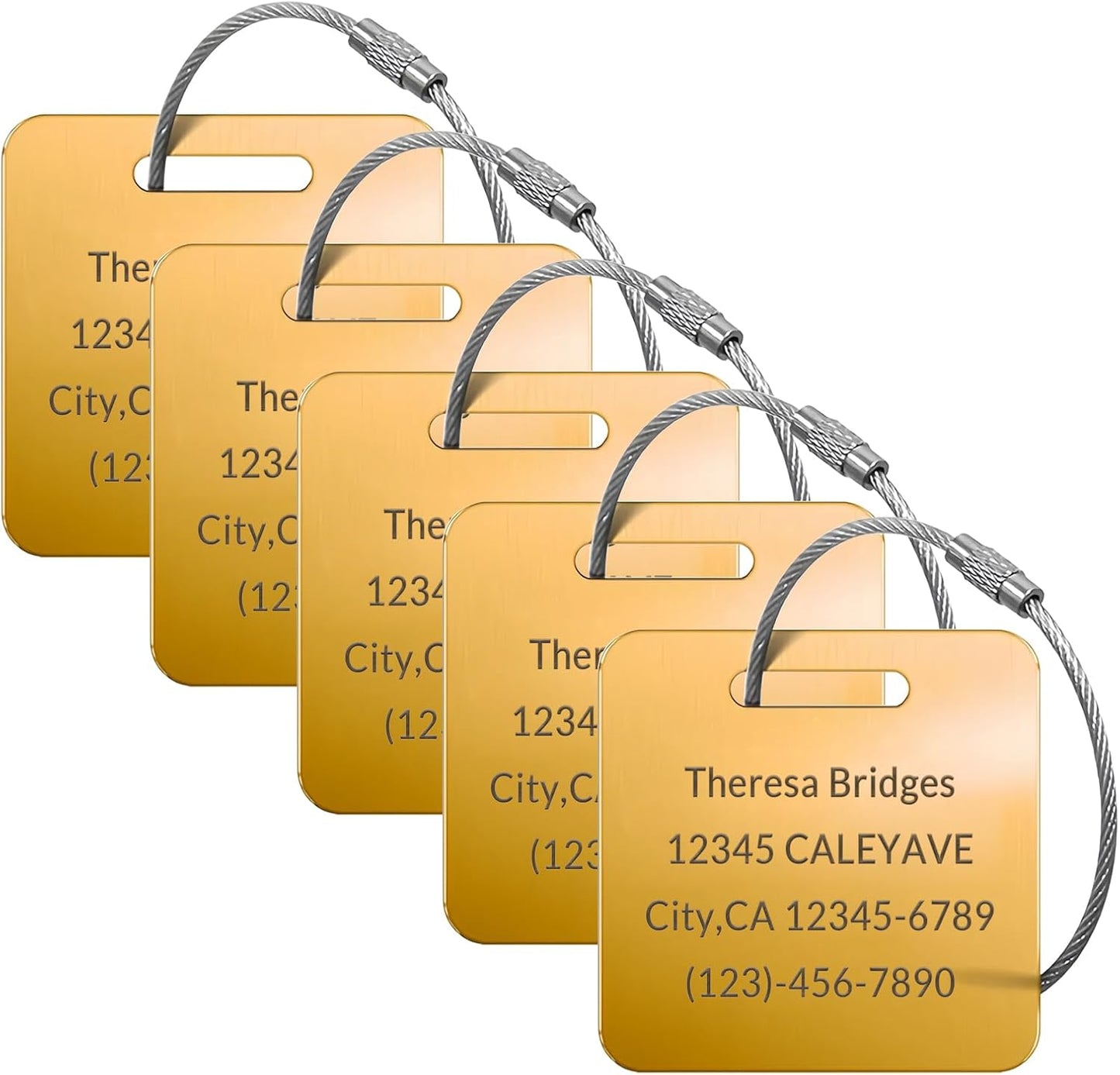 5 Pack Custom Engraved Luggage Tags, 2 x 2 inches Waterproof Personalized Luggage Tags, Aluminum Personalized Bag Tags for Suitcases/Backpack/Luggage Accessories [Gold]