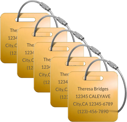5 Pack Custom Engraved Luggage Tags, 2 x 2 inches Waterproof Personalized Luggage Tags, Aluminum Personalized Bag Tags for Suitcases/Backpack/Luggage Accessories [Gold]