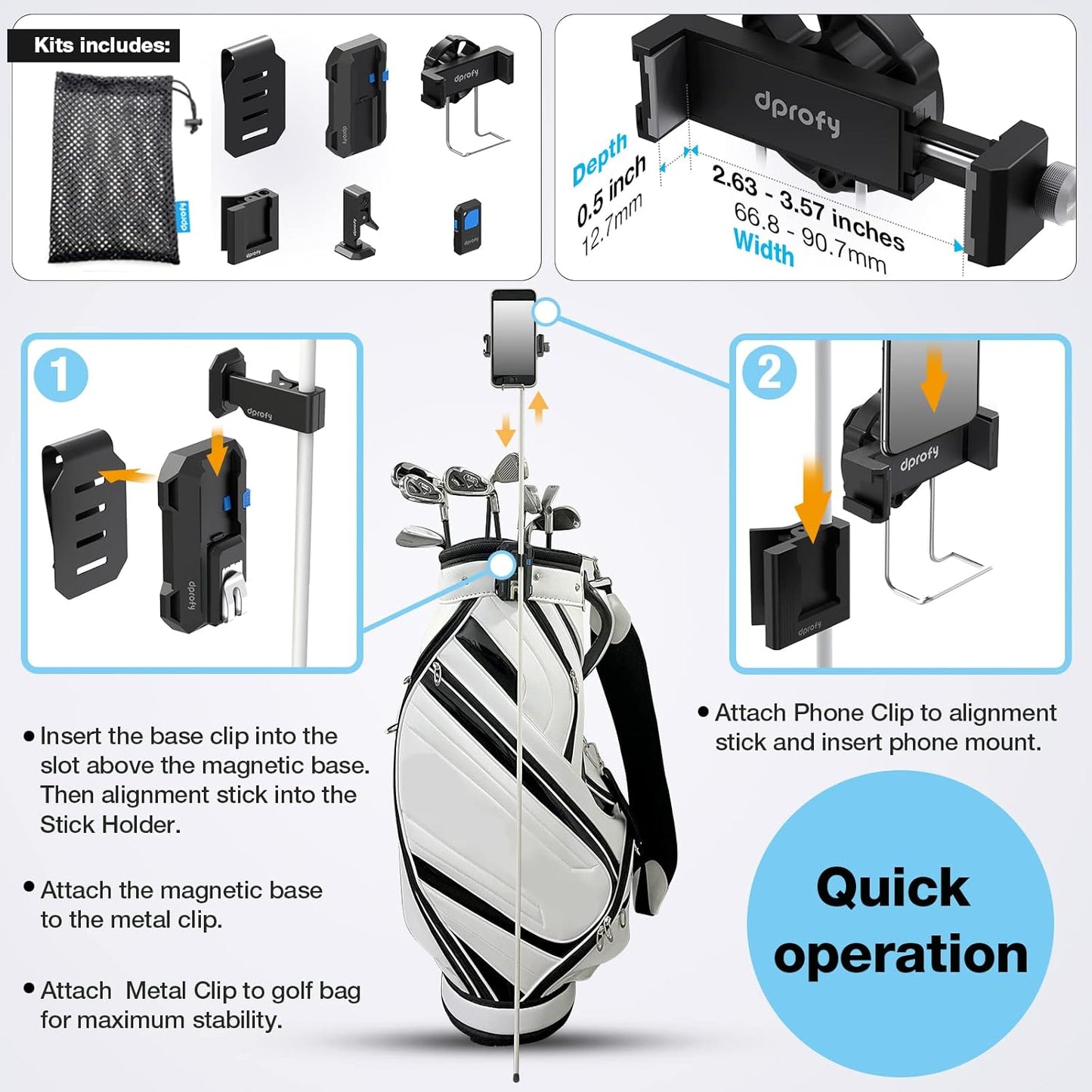 Dprofy Magnetic Golf Phone Caddy, Golf Cart Phone Holder, Record Your Golf Swing with Bluetooth Wireless Selfie Remote, Get Swing Feedback for Golf Training Aid, Golf Gifts for Men/Women