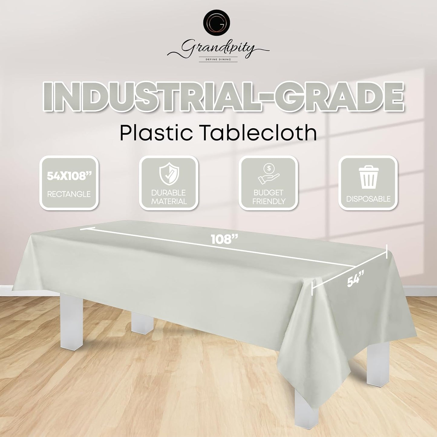 Grandipity 12 Pack Premium Disposable Plastic Tablecloth 54 Inch. x 108 Inch. Decorative Rectangle Table Cover - Light Grey