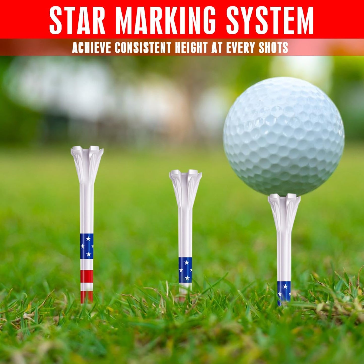 CHAMPKEY 5-Prong Plastic Golf Tees 120 Pack - Star and Stripe Marking System Golf Plastic Tees - Includes 100 Pcs 3-1/4" and 20 Pcs 1-1/2" Plastic GLF Tees